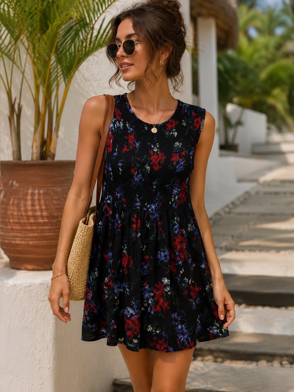 Black Floral A-Line Swing Dress | Sleeveless Red Blue Floral Dress